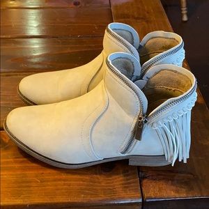 White fringe booties